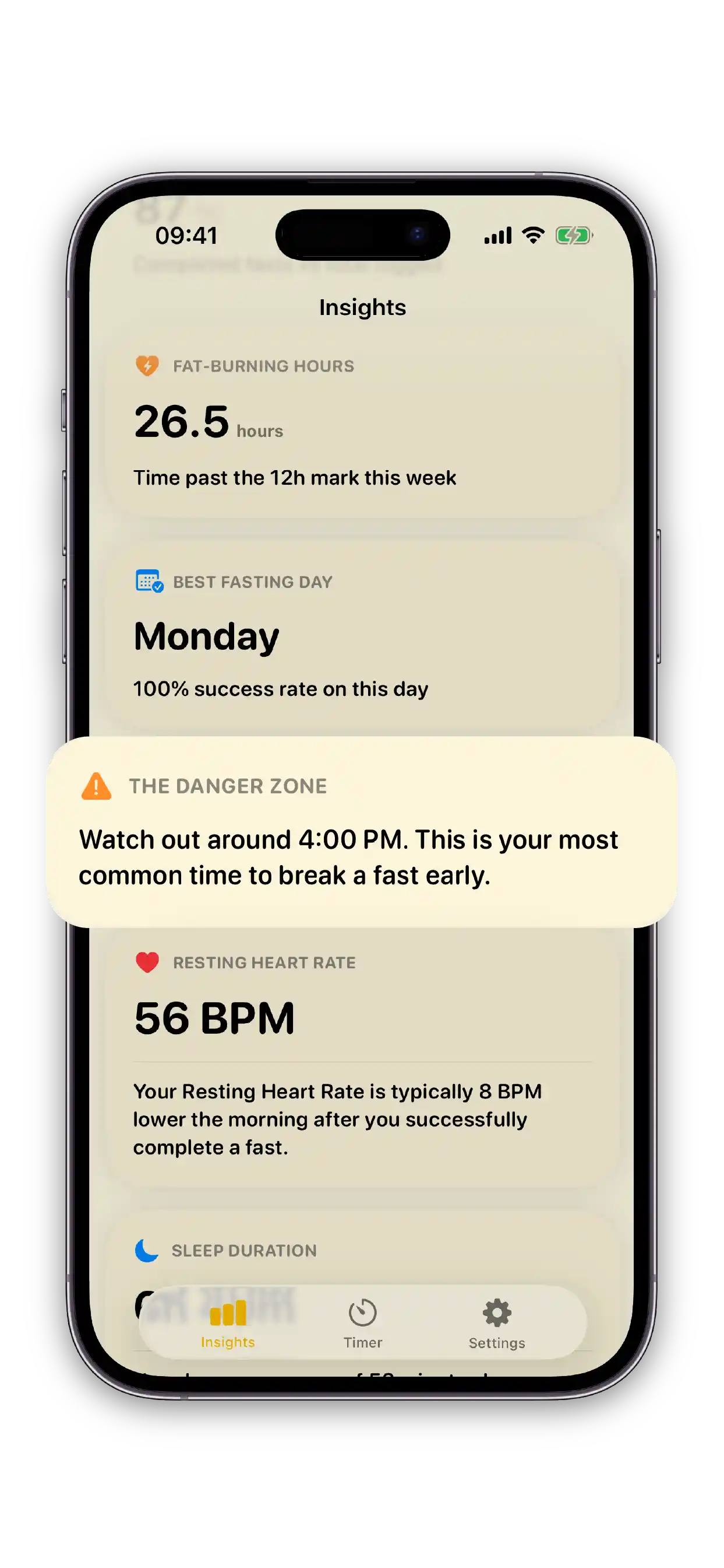 FivePhase insights screen with danger zone, heart rate, and sleep cards